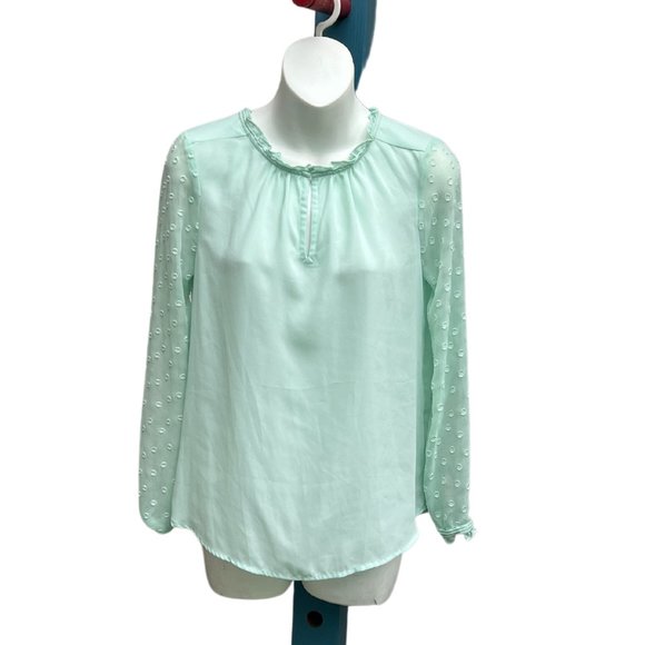 HD In Paris Sheer Sleeve Ruffle Collar Back Button Blouse Top Mint Green Size 2 - Picture 2 of 12